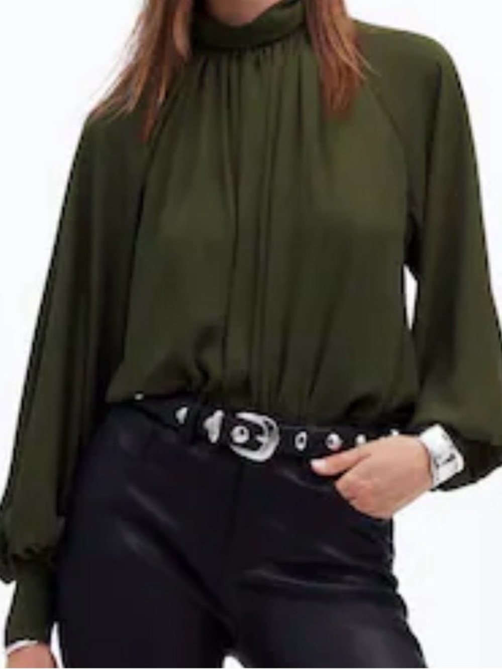 **NWT** Madewell Olive Green High-Neck Blouse with Blouson Sleeves
